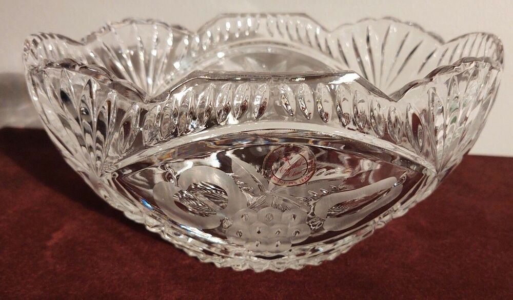 Polish Lead Crystal Clear Hand Cut Oval Fruit Bowl Vtg Frosted Grape Pear Apple